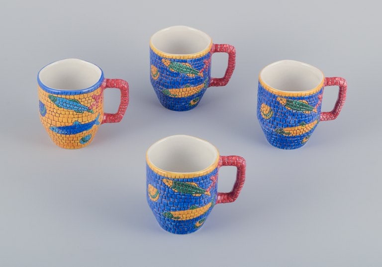 Vietri, Italy. Set of four large ceramic mugs. Decorated with fish and sea motifs in a mosaic-like (1 of 7)