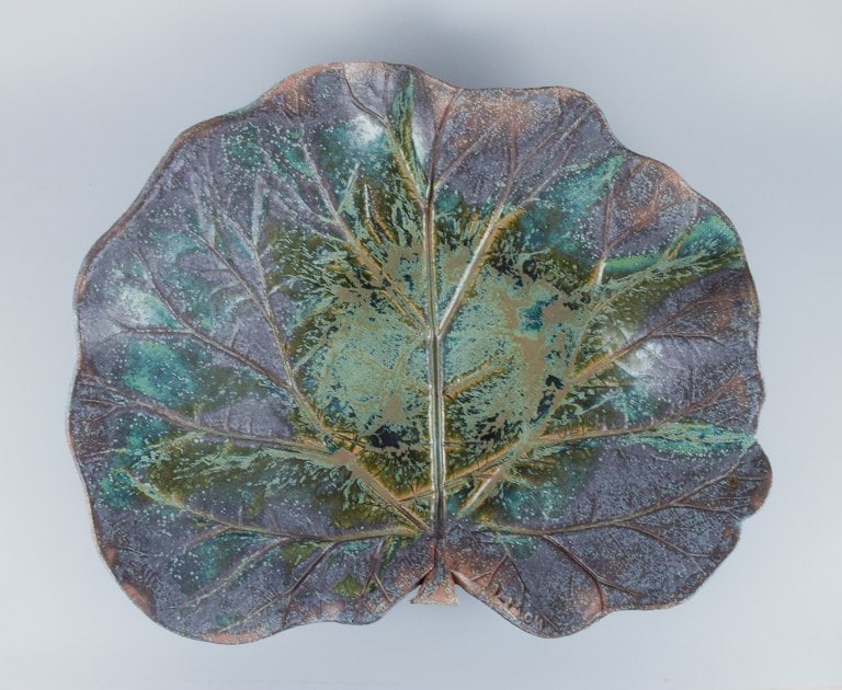 Linda Mathison, Sweden, colossal leaf-shaped unique ceramic bowl with glaze in violet, green, and - 3