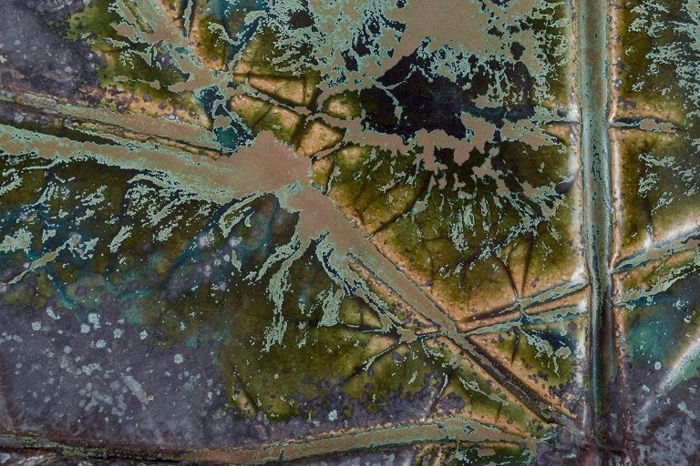 Linda Mathison, Sweden, colossal leaf-shaped unique ceramic bowl with glaze in violet, green, and - 5