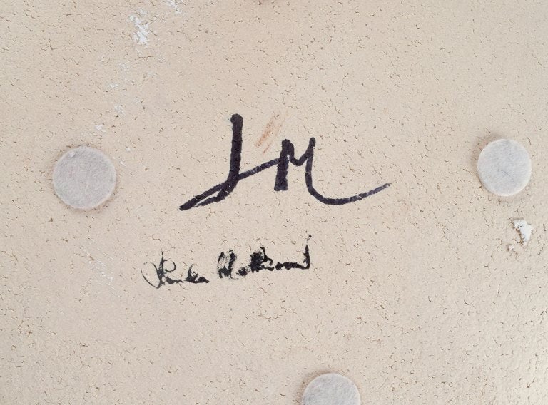 Linda Mathison, Sweden, colossal leaf-shaped unique ceramic bowl with glaze in violet, green, and - 7