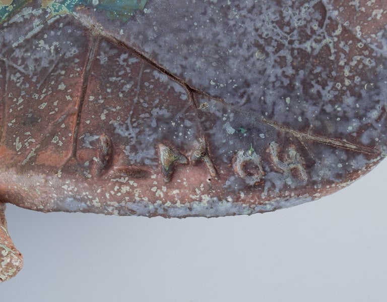 Linda Mathison, Sweden, colossal leaf-shaped unique ceramic bowl with glaze in violet, green, and - 8