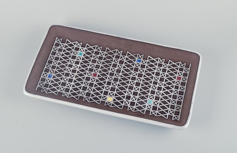 Ingrid Atterberg for Upsala-Ekeby, large rectangular "Corso" ceramic bowl designed with geometric - 2