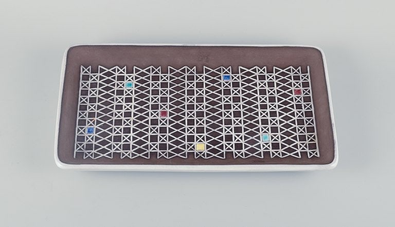 Ingrid Atterberg for Upsala-Ekeby, large rectangular "Corso" ceramic bowl designed with geometric - 3