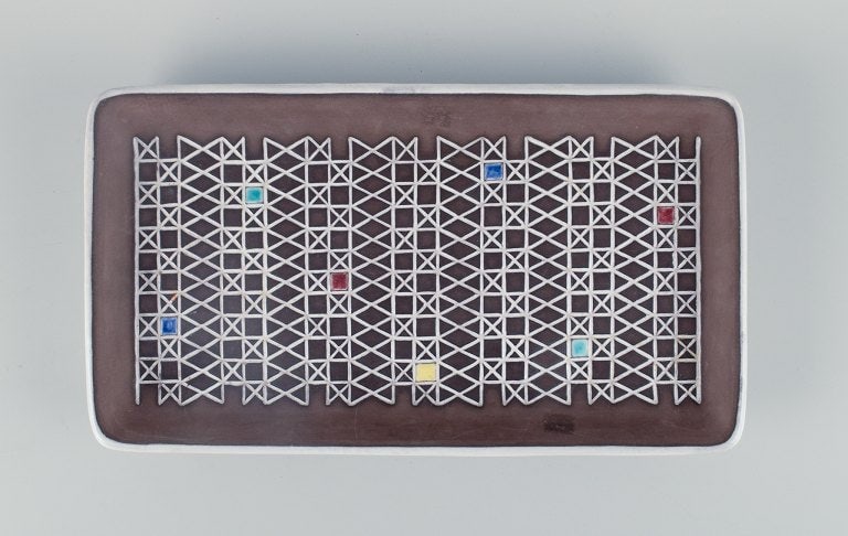 Ingrid Atterberg for Upsala-Ekeby, large rectangular "Corso" ceramic bowl designed with geometric - 4