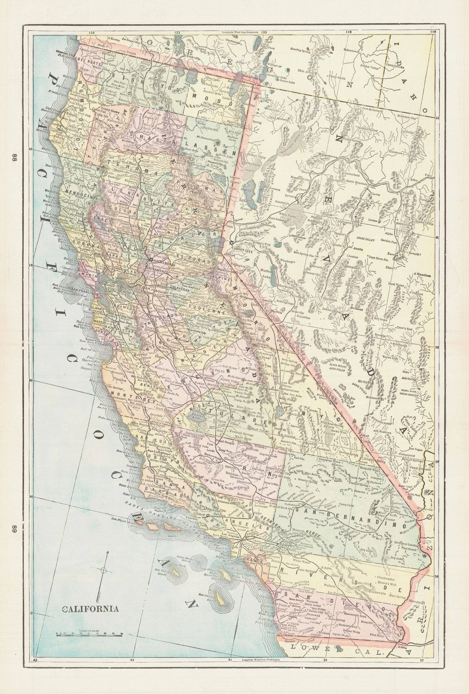 California: Publication Date:1896 Title:California Cartographer:CRAM, GEORGE F. Publisher:GEORGE F. CRAM Brief Description:On reverse, map of Oregon and Yellowstone National Park. From Cram's Universal atlas geog