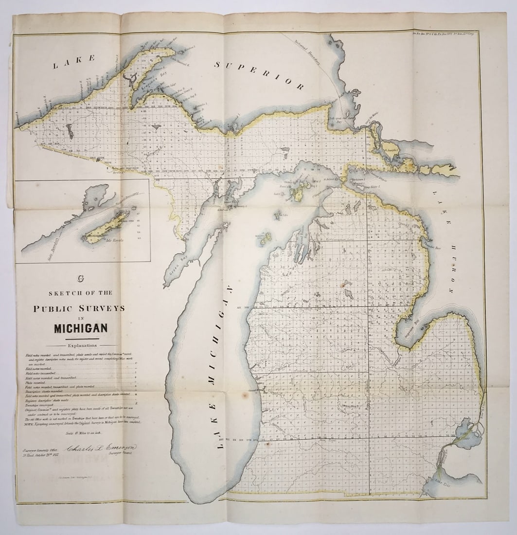G Sketch of the Public Surveys in Michigan...: Publication Date:1857Title:G Sketch of the Public Surveys in Michigan...Cartographer:EMERSON, CHARLES L.Publisher:SURVEYOR GENERALBrief Description:(35th Cong., 1st sess. Senate. Ex.Doc. No.11)