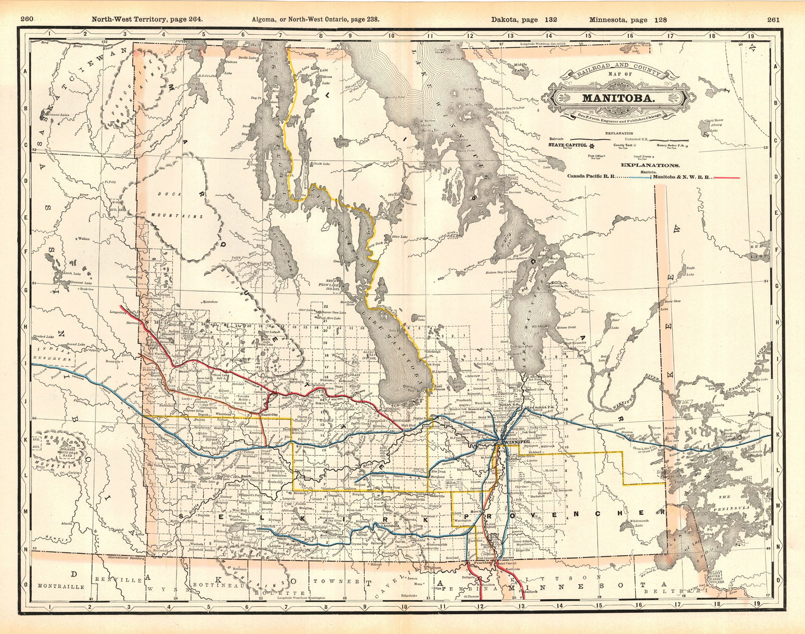 Railroad and County Map of Manitoba: Publication Date:1889Title:Railroad and County Map of ManitobaCartographer:CRAM, GEORGE F.Publisher:GEO. F. CRAMBrief Description:Detailed provincial map with railroad routes in color. Ornamental
