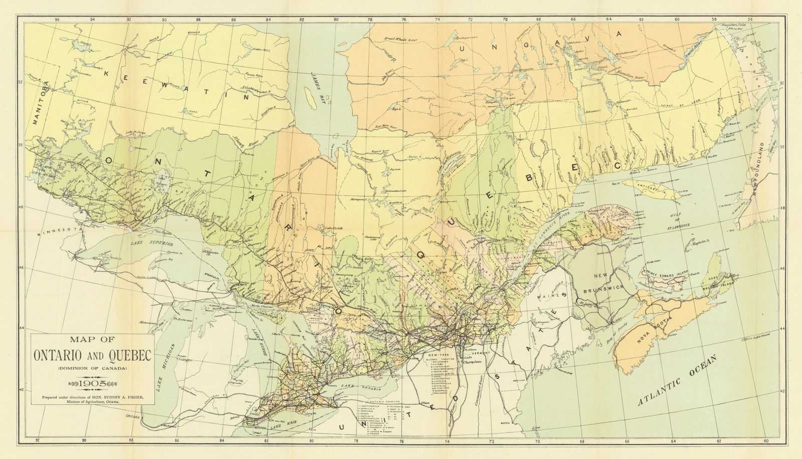Map of Ontario and Quebec (Dominion of Canada) 1905: Publication Date:1905Title:Map of Ontario and Quebec (Dominion of Canada) 1905Cartographer:ANONYMOUSPublisher:DEPARTMENT OF AGRICULTURE OF CANADABrief Description:"Prepared under directions of Hon.