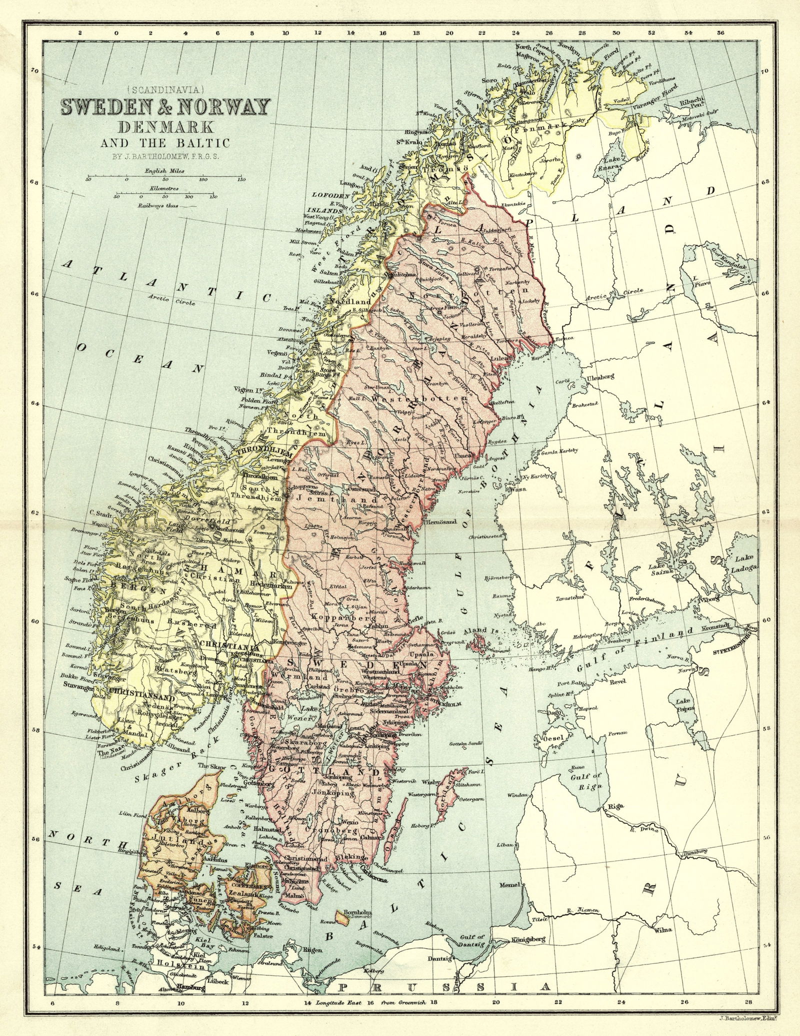 (Scandinavia) Sweden & Norway Denmark and the Baltic: Publication Date:c1877Title:(Scandinavia) Sweden & Norway Denmark and the BalticCartographer:BARTHOLOMEW, J.Publisher:G.P. PUTNAM'S SONSBrief Description:"by J. Bartholomew, F.R.G.S." Edinburgh