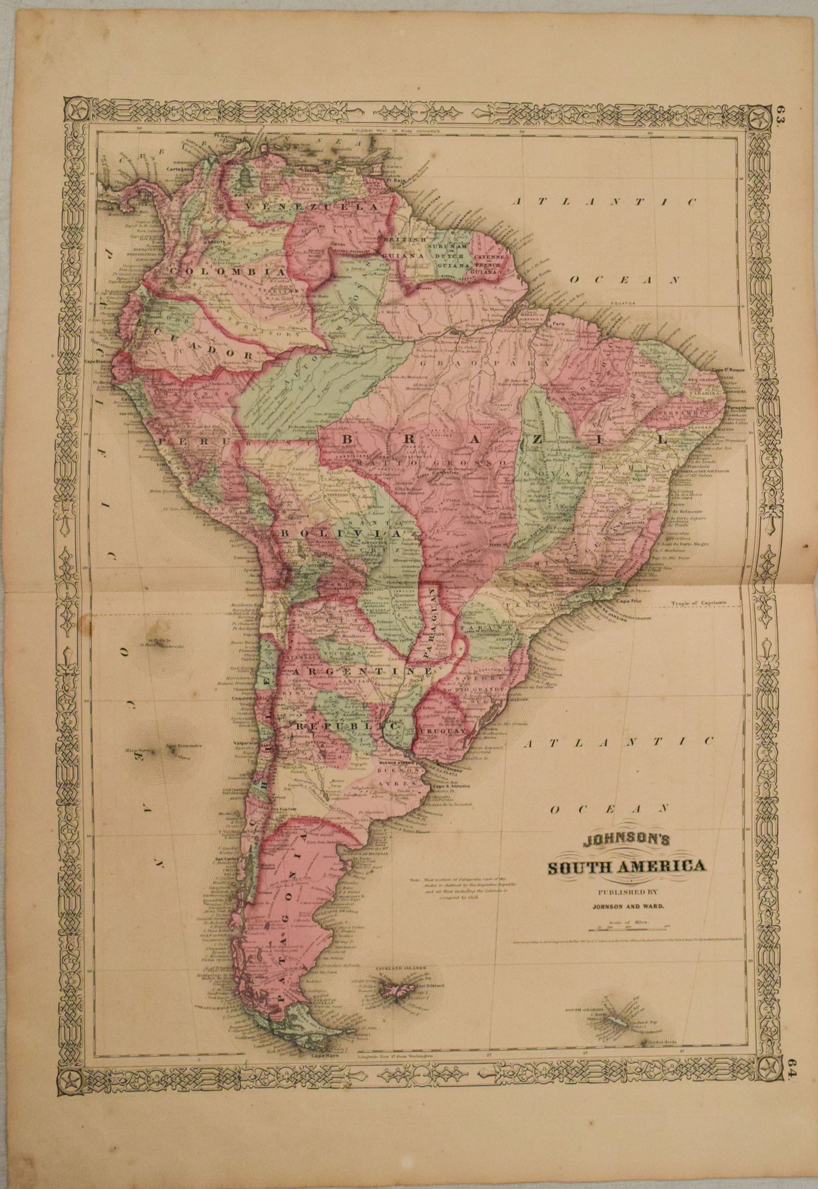 1863 Johnson Map of South America -- Johnson's South America: Title:1863 Johnson Map of South America -- Johnson's South AmericaCartographer:Johnson & WardYear/Place:1863, New YorkMap Dimension(in.):22 X 16.2 in.Description:This a superb double-page map of