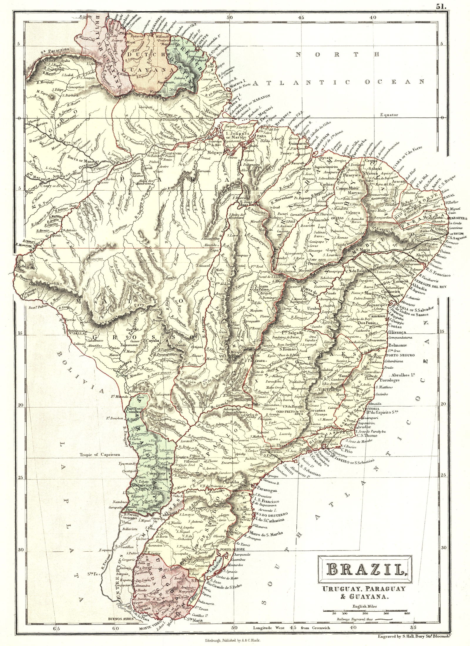 Brazil, Uruguay, Paraguay & Guayana.: Publication Date:1879Title:Brazil, Uruguay, Paraguay & Guayana.Cartographer:BARTHOLOMEW, J.Publisher:A. & C. BlackBrief Description:Engraved by S. Hall, London. Dry.Height:14.75Width:10.3 Reserve: 