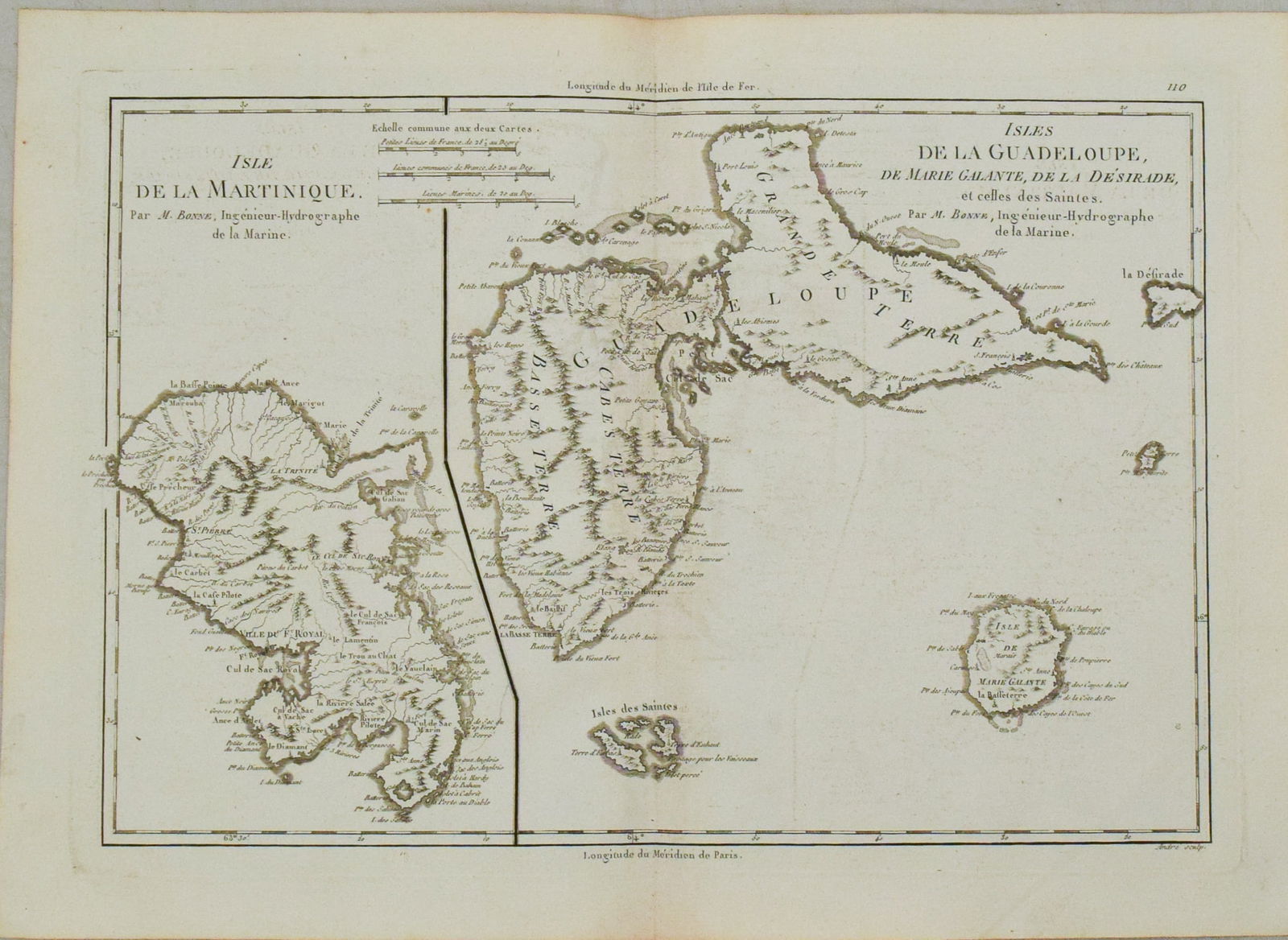 1787 Bonne Map of Martinique and Guadaloupe -- Isle de la Martinique [on sheet with] Isles de la (1 of 1)