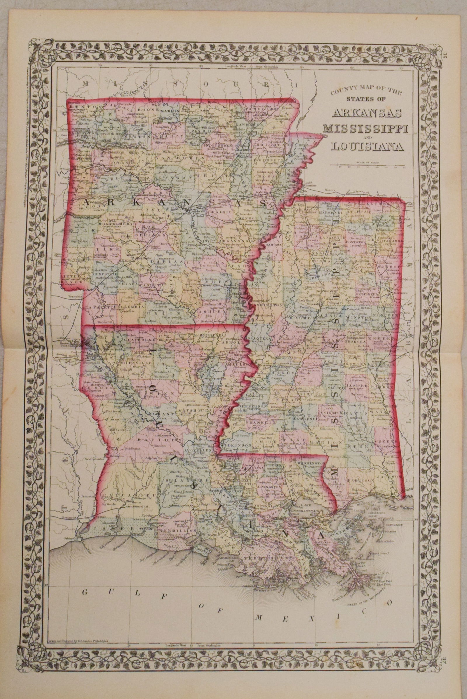 1874 Mitchell Map of Mississippi, Louisiana and Arkansas -- County Map of the States of Arkansas (1 of 1)