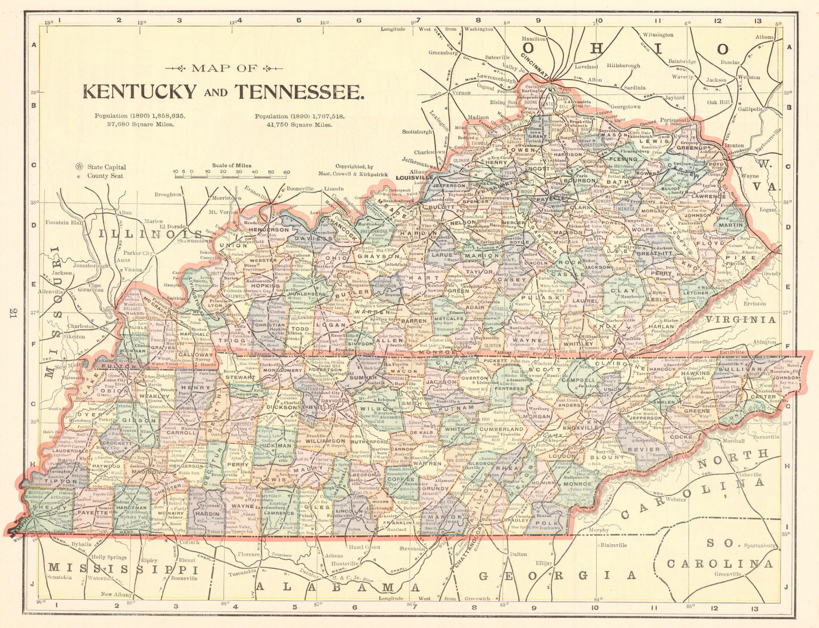 Map of Kentucky & Tennessee.: Publication Date:1898Title:Map of Kentucky & Tennessee.Cartographer:MAST, CROWELL & KIRKPATRICKPublisher:MAST, CROWELL & KIRKPATRICKBrief Description:Indiana on reverse. Detailed. Includes