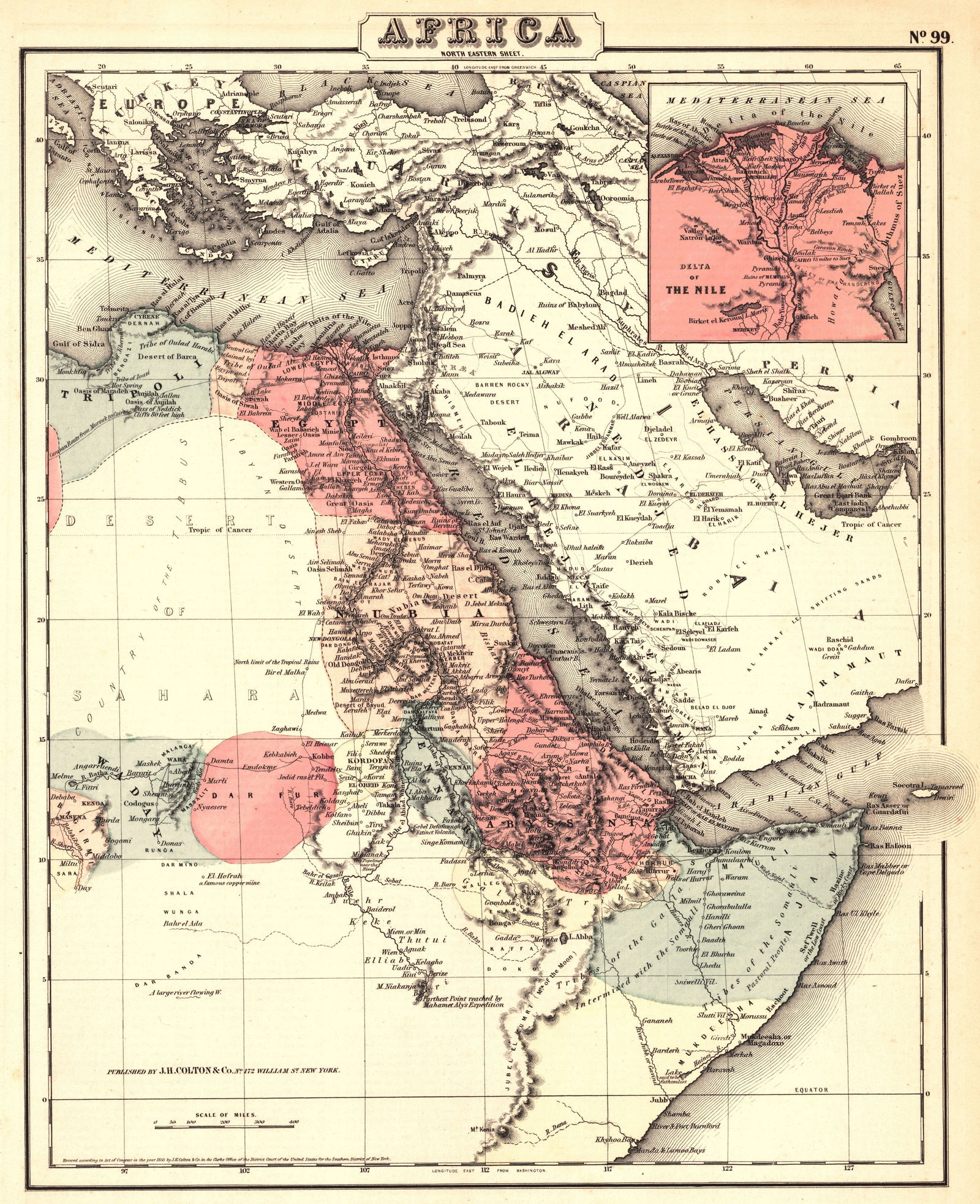 Africa North Eastern Sheet.: Publication Date:1857Title:Africa North Eastern Sheet.Cartographer:COLTON, JOSEPH HUTCHINSPublisher:J.H. COLTON & CO.Brief Description:Inset show Delta of the Nile. No ornamental border. Lightly