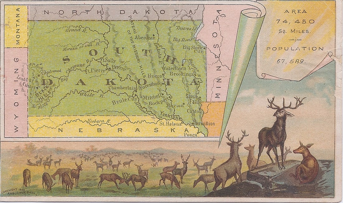 South Dakota: Publication Date:1889Title:South DakotaCartographer:DONALDSON BROS.Publisher:ARBUCKLE BROS.Brief Description:No. 82 map and color lithograph of elk herds. Donaldson Bros. was famous for