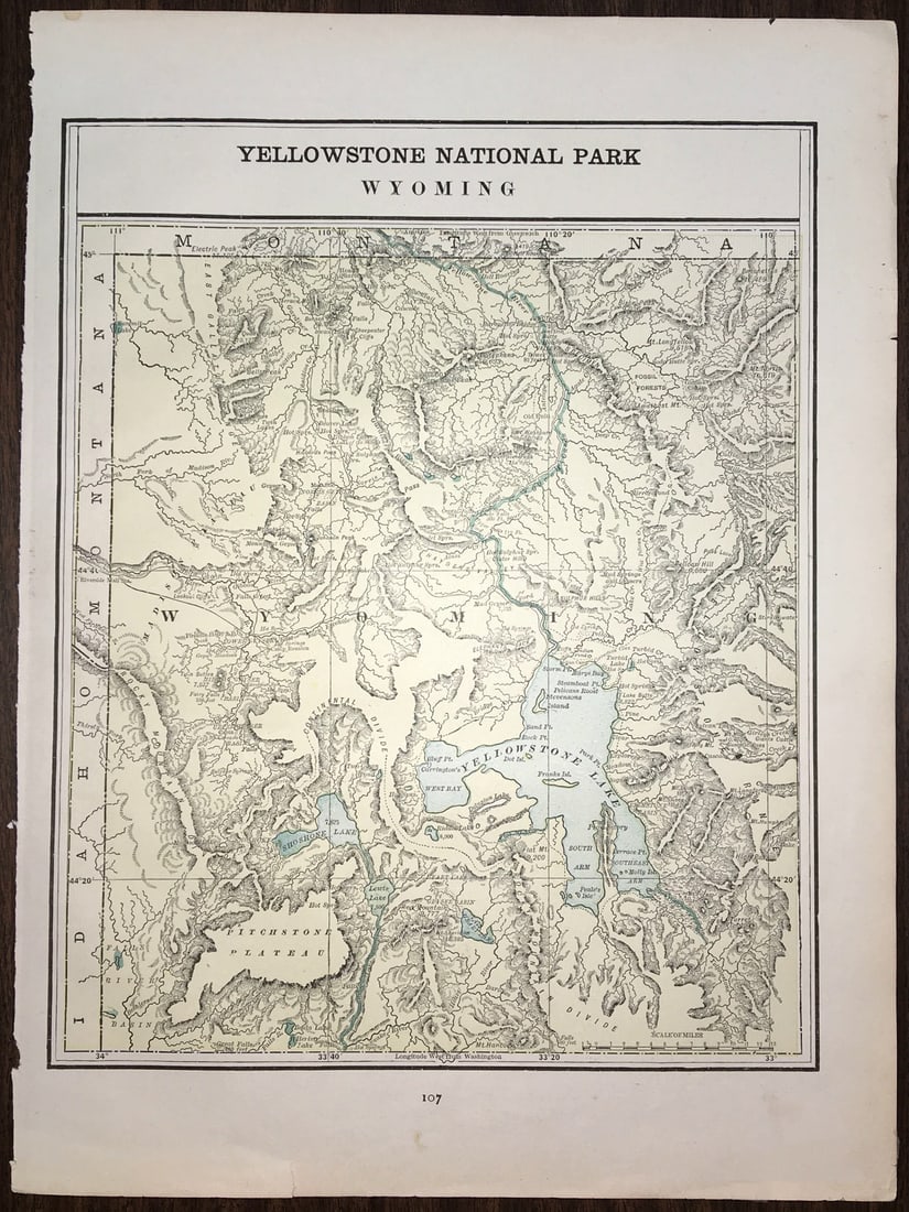Yellowstone National Park Wyoming: Publication Date:1892Title:Yellowstone National Park WyomingCartographer:CRAM, GEO. F.Publisher:CRAM, GEO. F.Brief Description:107. Map detailing lakes & other bodies of water in blue. Shows