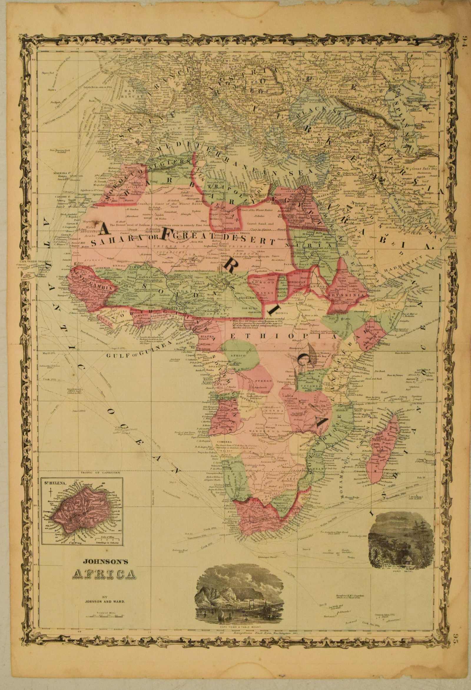 1863 Johnson Map of Africa -- Johnson's Africa: Title:1863 Johnson Map of Africa -- Johnson's AfricaCartographer:Johnson & WardYear/Place:1863, New YorkMap Dimension(in.):24 X 16.8 in.Description:This a superb double-page map of Africa. Inset of
