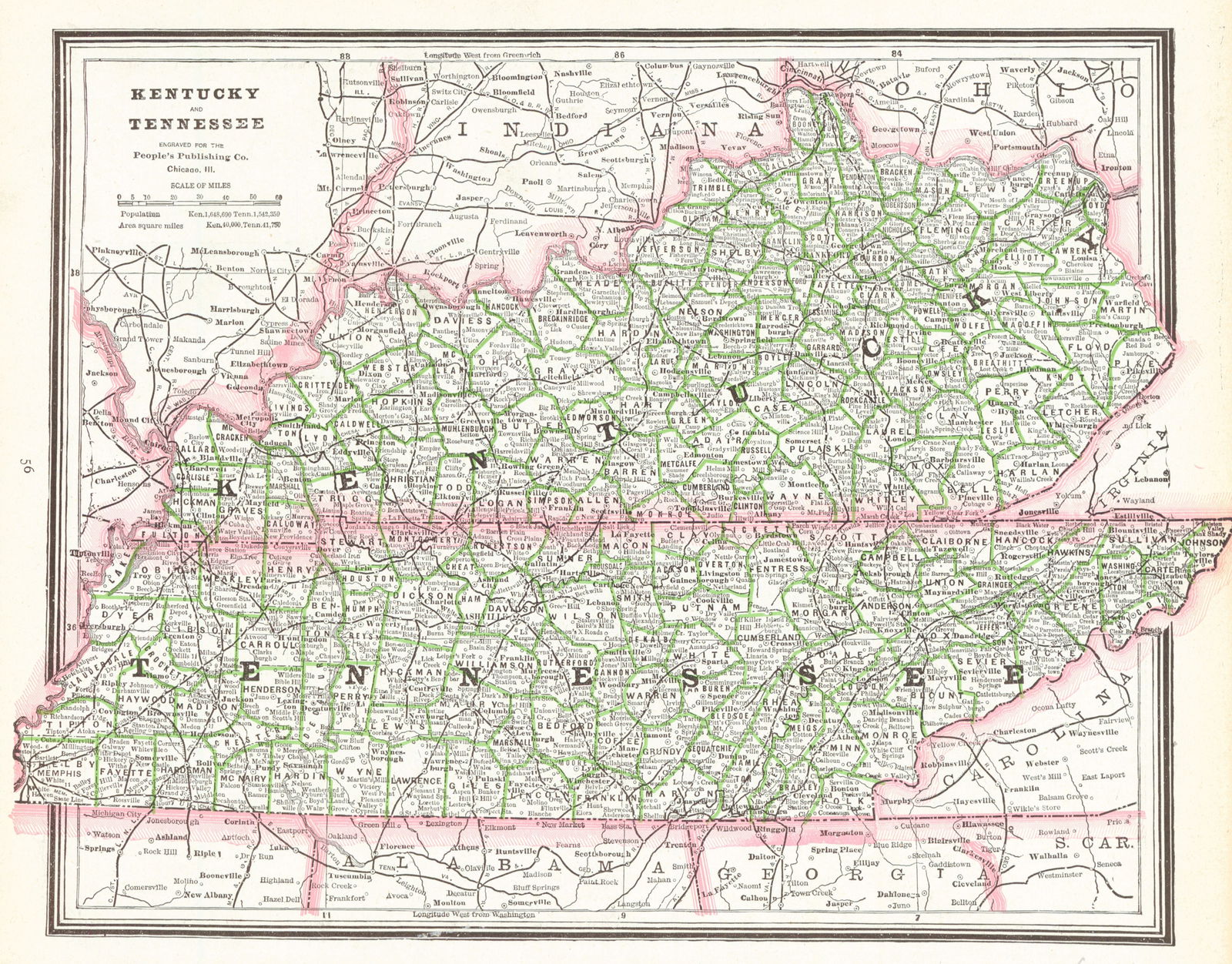Kentucky & Tennessee.: Publication Date:1887Title:Kentucky & Tennessee.Cartographer:CRAM, GEORGE F.Publisher:GEO. F. CRAMBrief Description:Quite detailed. Includes short-lived James County. Map of Ohio on reverse.