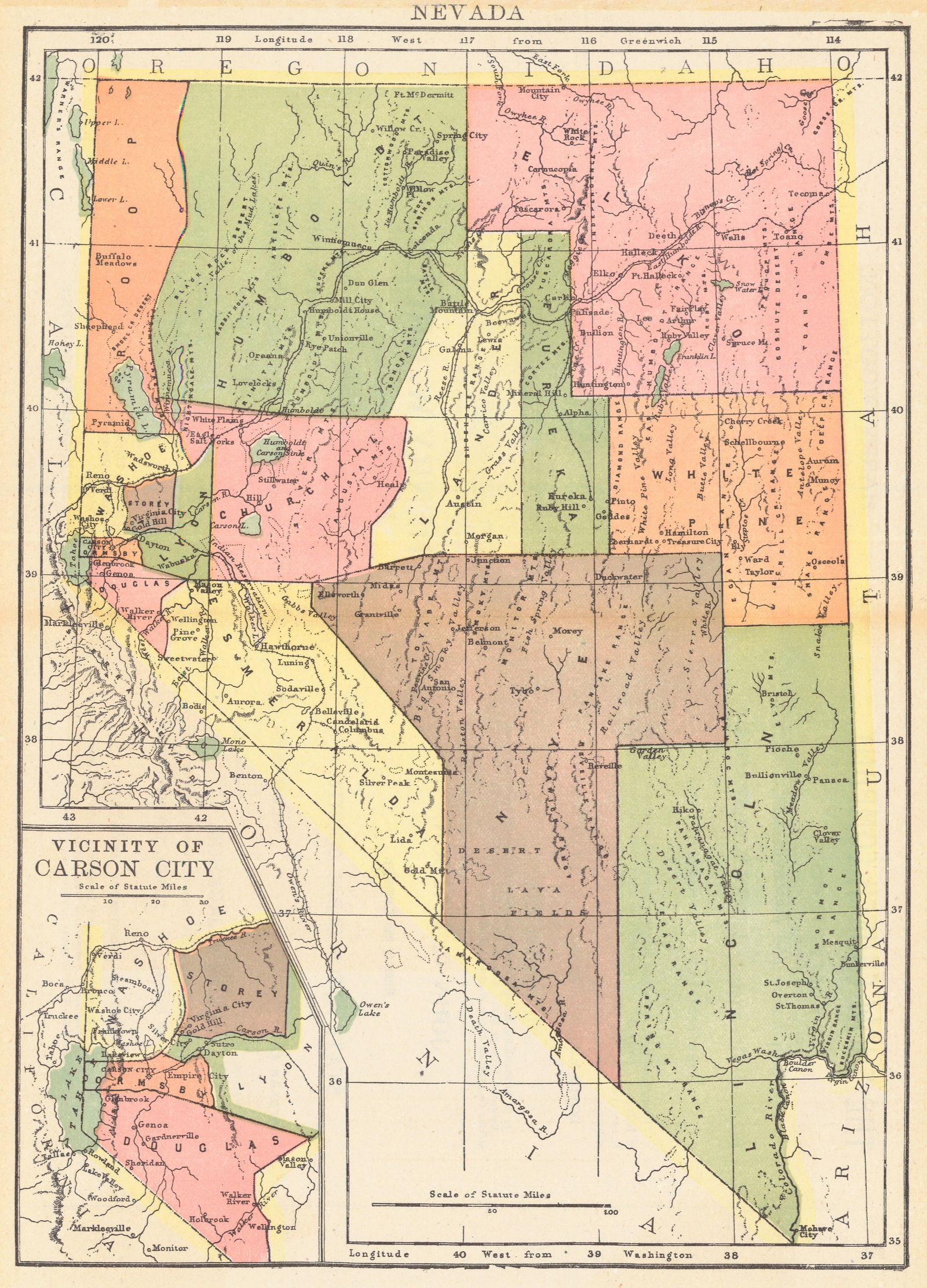 Nevada: Publication Date:1900Title:NevadaCartographer:SERVOSS, R. D.Publisher:THE SNOW-CHURCH SURETY CO.Brief Description:Inset of vicinity of Carson City. With text of laws. Unusual state map published in a