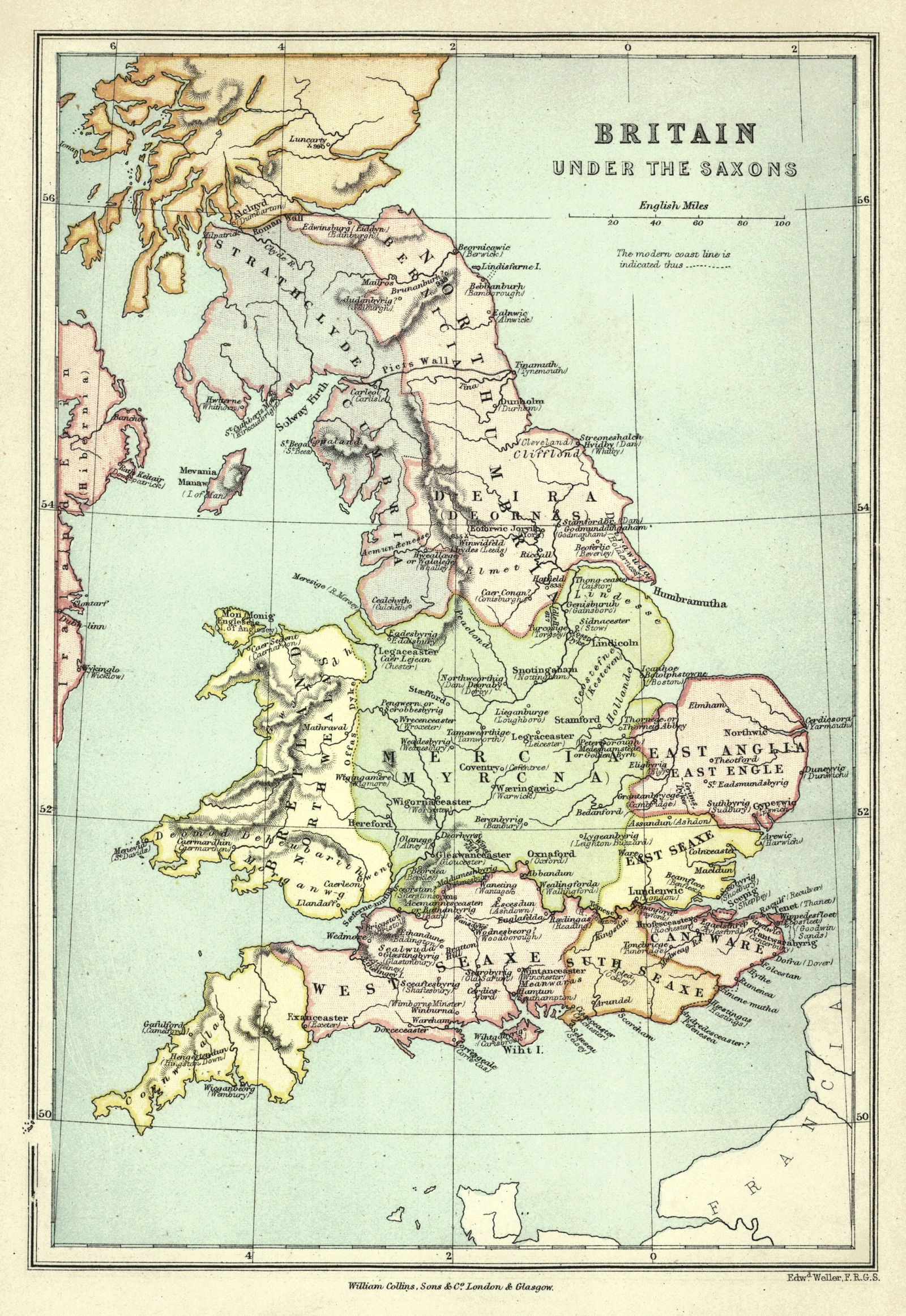 Britain Under the Saxons: Publication Date:c1877 Title:Britain Under the Saxons Cartographer:WELLER, EDW. Publisher:G.P. PUTNAM'S SONS Brief Description:"by Edwd. Weller, F.R.G.S." London printed map from the New York edition