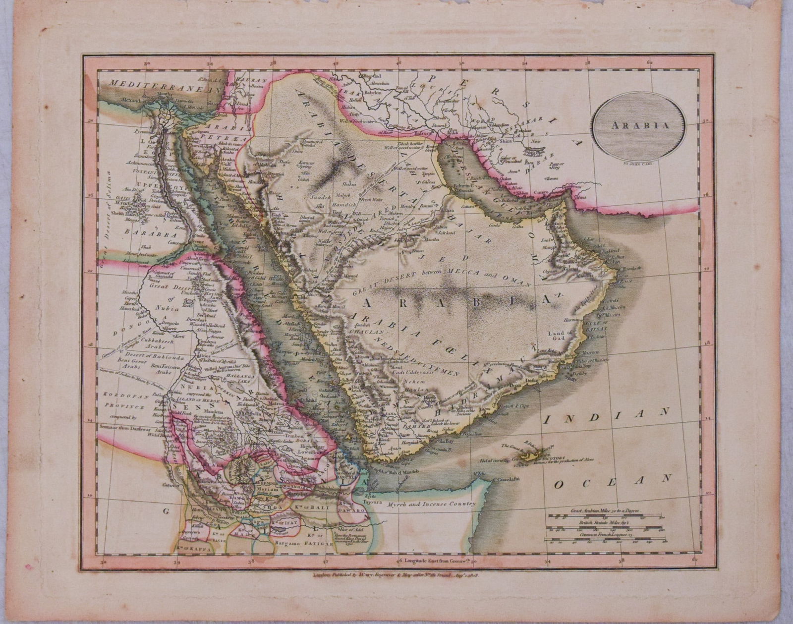 1808 Cary Map of Arabian Peninsula -- Arabia: Title:1808 Cary Map of Arabian Peninsula -- ArabiaCartographer:J CaryYear/Place:1808, LondonMap Dimension(in.):8.9 X 11 in.Description:This is a charming map of the Arabian Peninsula. Much of it is