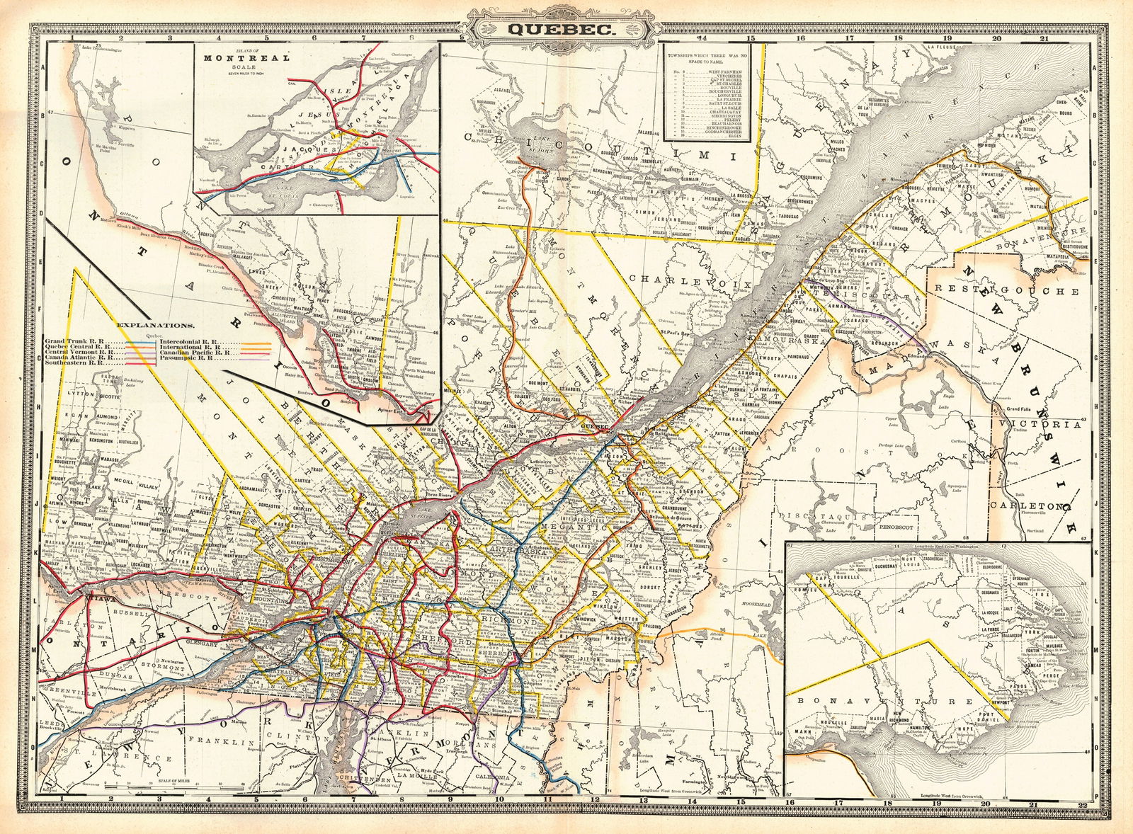 Quebec.: Publication Date:1889Title:Quebec.Cartographer:CRAM, GEORGE F.Publisher:GEO. F. CRAMBrief Description:Detailed provincial map with railroad routes in colors. Inset of Gaspe Peninsula, Island of