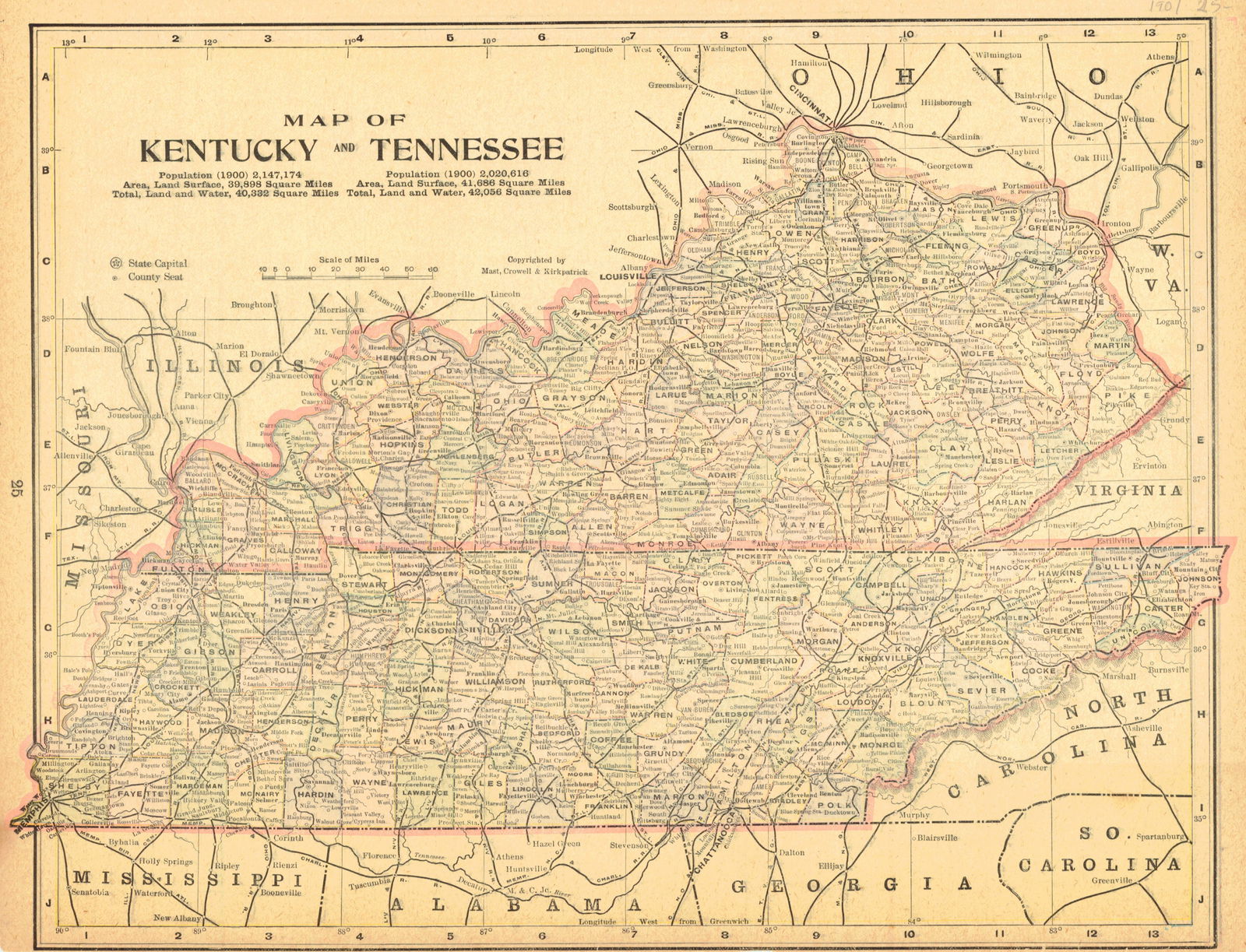 Map of Kentucky & Tennessee.: Publication Date:1901Title:Map of Kentucky & Tennessee.Cartographer:CROWELL & KIRKPATRICKPublisher:CROWELL & KIRKPATRICKBrief Description:Minnesota on reverse. Detailed. Includes short-lived James