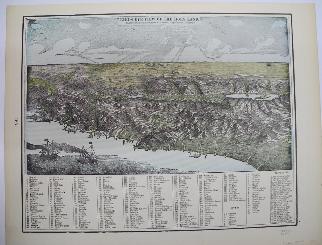 Birds-Eye View of the Holy Land.: Publication Date:1896Title:Birds-Eye View of the Holy Land.Cartographer:MARKS, A. J.Publisher:GEO. F. CRAMBrief Description:Engraved by permission, from A.J. Marks' large chrome lithograph. From