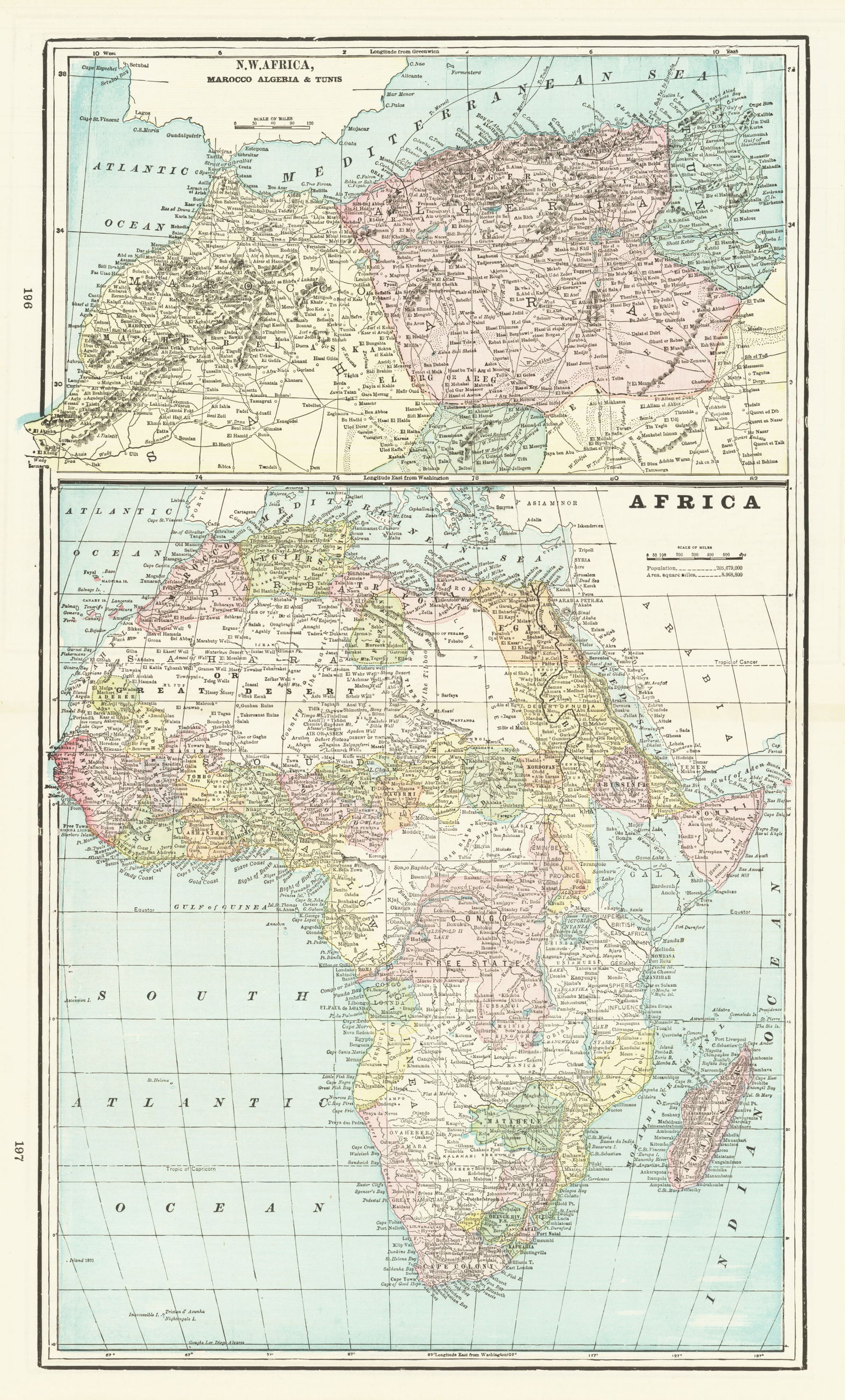 N.W. Africa, Marocco [Sic] Algeria & Tunis | Africa: Publication Date:1896Title:N.W. Africa, Marocco [Sic] Algeria & Tunis | AfricaCartographer:CRAM, GEORGE F.Publisher:GEORGE F. CRAMBrief Description:Two maps on same sheet. On reverse, maps of South