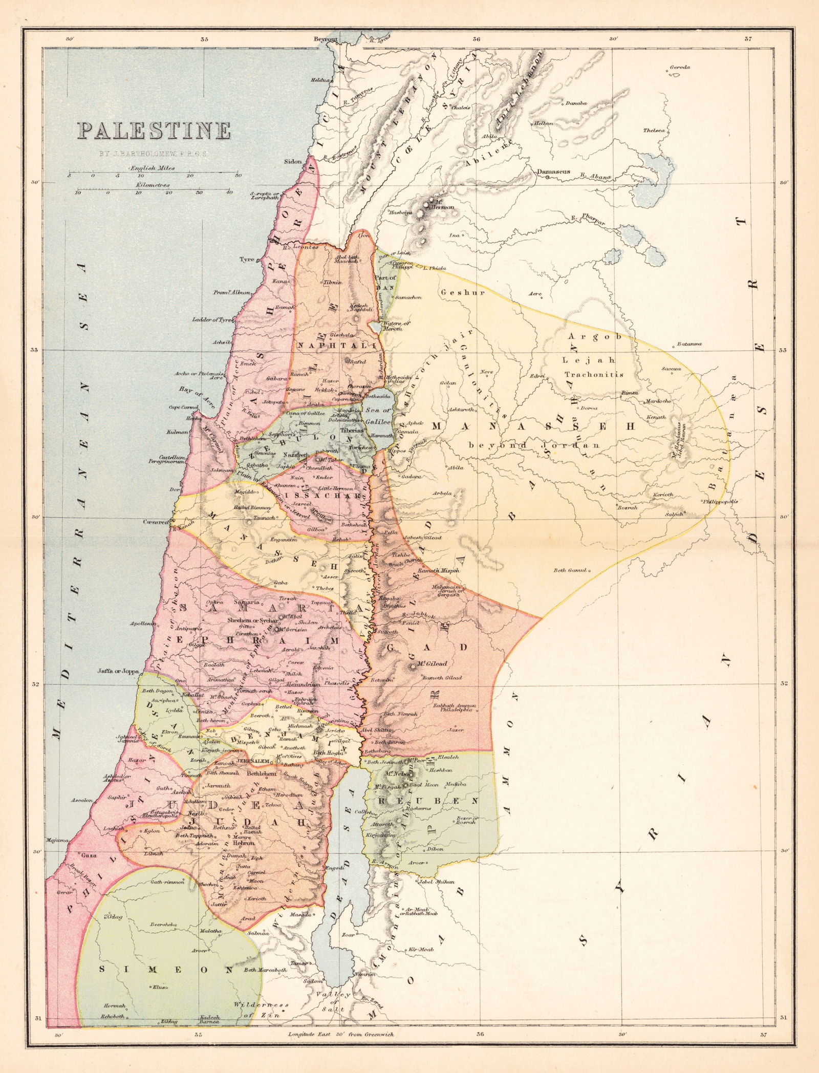 Palestine: Publication Date:c1877Title:PalestineCartographer:BARTHOLOMEW, J.Publisher:G.P. PUTNAM'S SONSBrief Description:"by J. Bartholomew, F.R.G.S." Edinburgh printed map from the New York edition of The