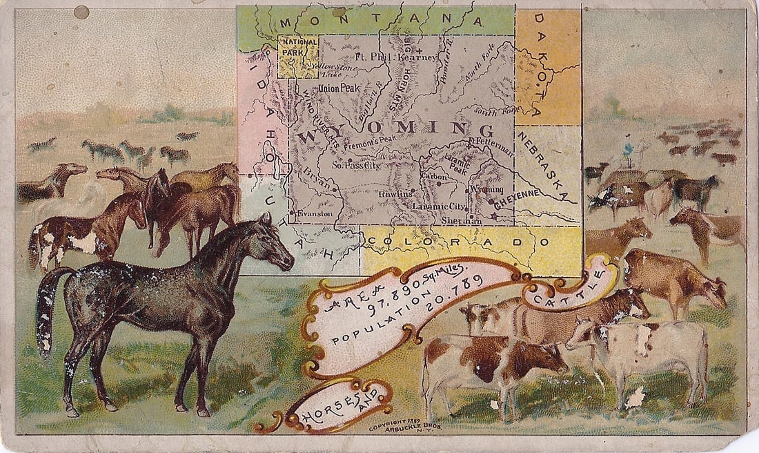 Wyoming: Publication Date:1889Title:WyomingCartographer:DONALDSON BROS.Publisher:ARBUCKLE BROS.Brief Description:No. 98 map and color lithograph of horses and cattle. Donaldson Bros. was famous for