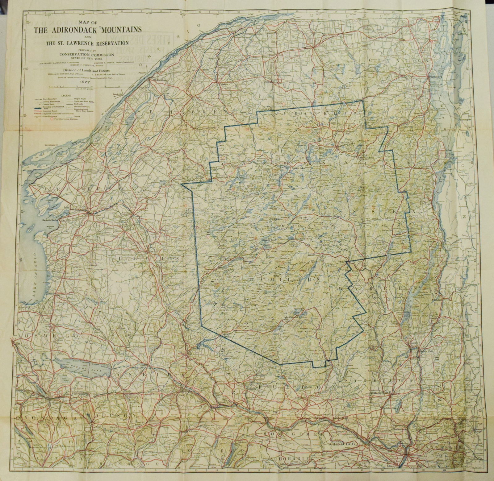 New York State Map from 1927 of the Adirondacks and St Lawrence Reservation: Title:New York State Map from 1927 of the Adirondacks and St Lawrence ReservationCartographer:State of New York Conservation CommitteeYear/Place:1927, AlbanyMap Dimension(in.):28.8 X 28.8