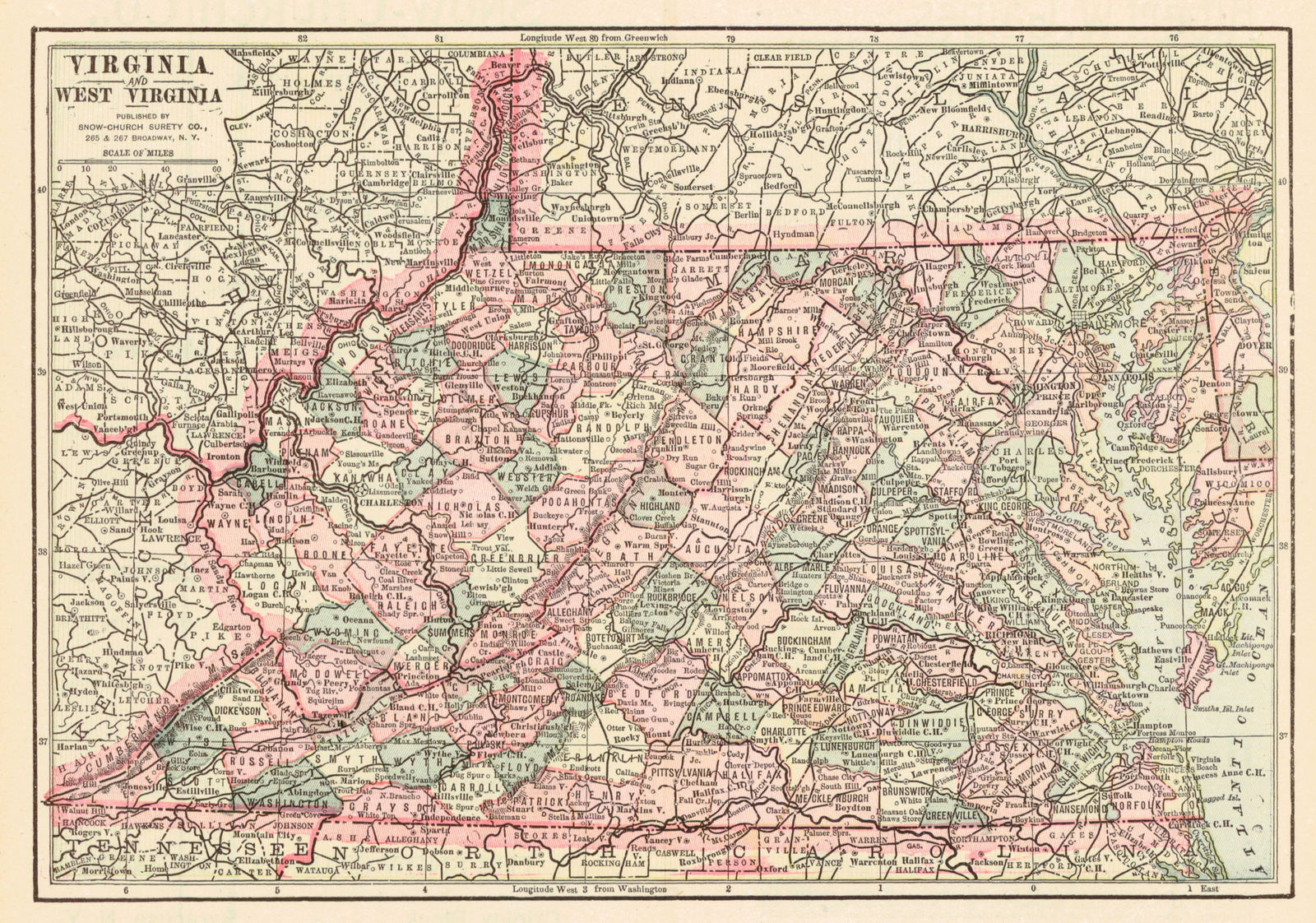 Virginia and West Virginia: Publication Date:1900Title:Virginia and West VirginiaCartographer:SERVOSS, R. D.Publisher:THE SNOW-CHURCH SURETY CO.Brief Description:With text of laws. Unusual state map published in a bankers'