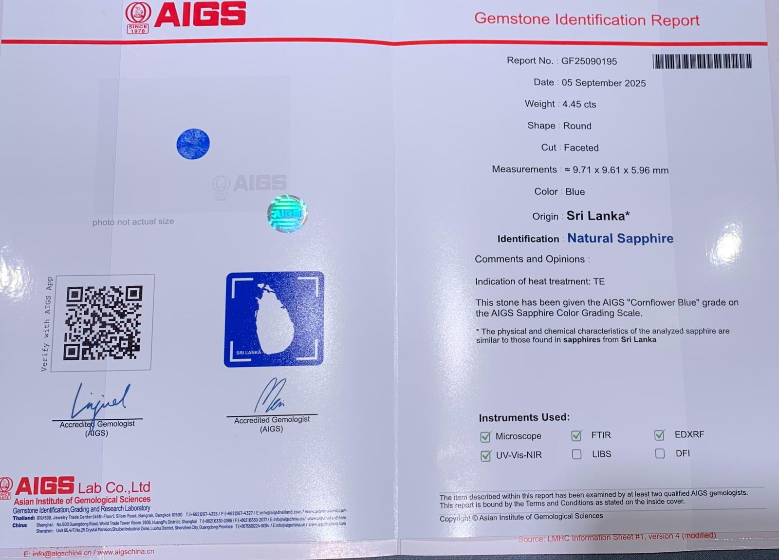 AIGS Certified Faceted Blue Sapphire: 4.45 Carat Round Cut Gemstone - 2