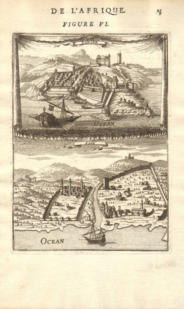 MOROCCO. Views of Tangiers (Tanger) & Salé (Sala/Rabat). MALLET 1683 old print: Title: MOROCCO. Views of Tangiers (Tanger) & Salé (Sala/Rabat). MALLET 1683 old print Description: Tanger; Salé' (De L'Afrique) by Mallet, Allain Manesson. Published 1683. Original 17th cent
