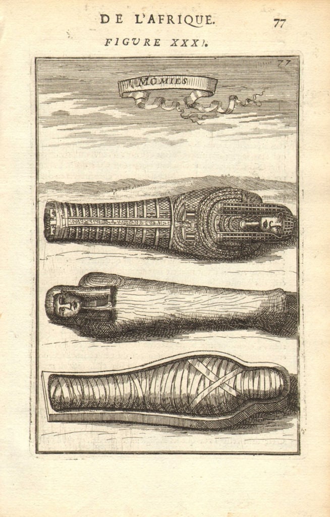 ANCIENT EGYPT. Mummies in sarcophagi. 'Momies '. Mummy Sarcophagus. MALLET 1683: Title: ANCIENT EGYPT. Mummies in sarcophagi. 'Momies '. Mummy Sarcophagus. MALLET 1683 Description: Momies' (De L'Afrique) by Mallet, Allain Manesson. Published 1683. Original 17th century copperplate