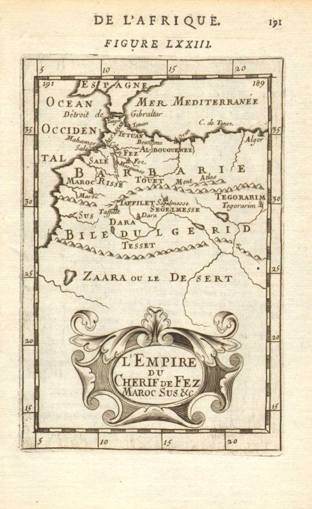 MOROCCO. 'Empire du Cherif de Fes Maroc' Marrakech Fez Tangiers. MALLET 1683 map: Title: MOROCCO. 'Empire du Cherif de Fes Maroc' Marrakech Fez Tangiers. MALLET 1683 map Description: L'Empire du Cherif de Fez Maroc Sus Etc' (De L'Afrique). Shows "Barbarie", The Sahara & Biledul