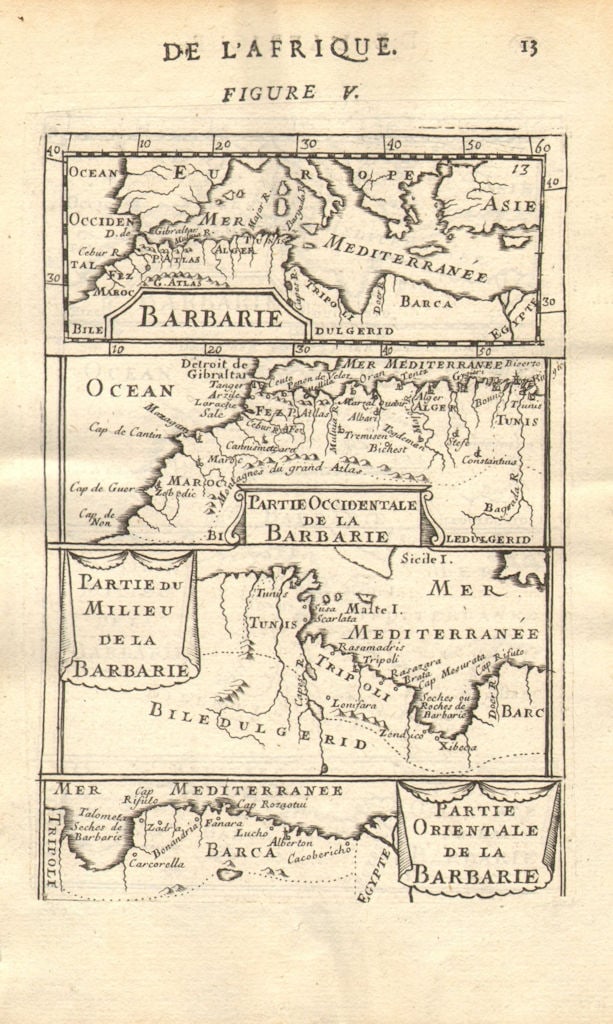 NORTH AFRICA. Barbary. Morocco Tunisia Libya Egypt. 'Barbarie'. MALLET 1683 map: Title: NORTH AFRICA. Barbary. Morocco Tunisia Libya Egypt. 'Barbarie'. MALLET 1683 map Description: Barbarie. Partie occidentale de la Barbarie. Partie du milieu de la Barbarie. Partie Orientale de la