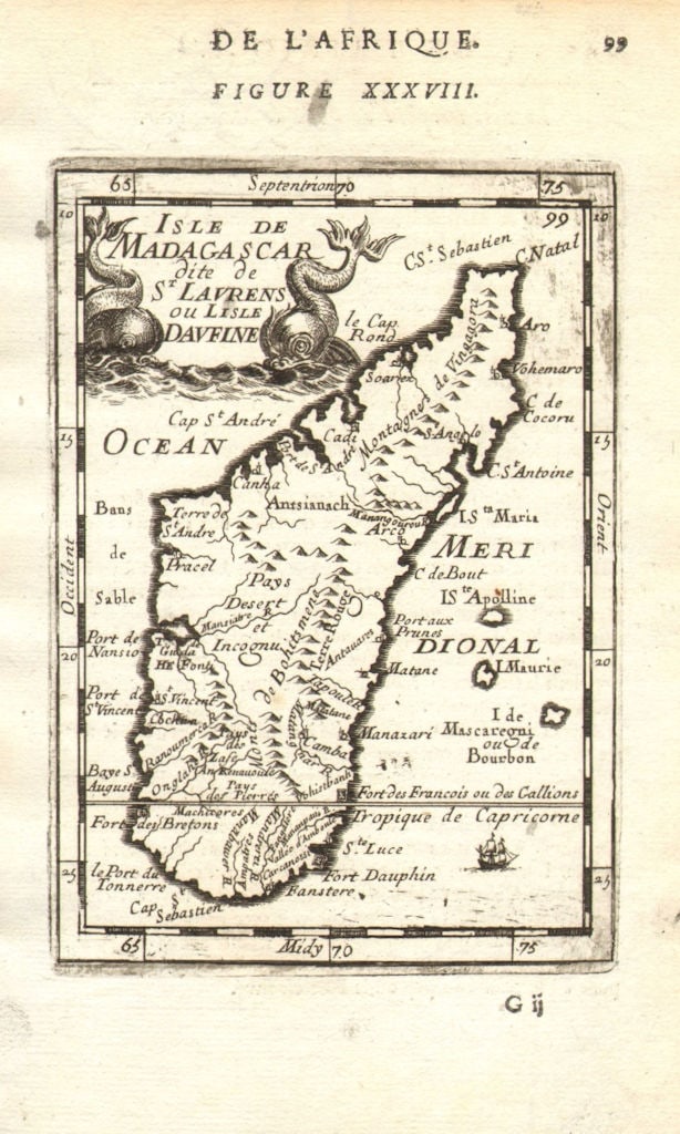 MADAGASCAR. Fort Dauphin (Tolanaro). Mauritius Reunion. São Lourenço 1683 map: Title: MADAGASCAR. Fort Dauphin (Tolanaro). Mauritius Reunion. São Lourenço 1683 map Description: Isle de Madagascar dite de St Laurens ou lisle Daufine' (De L'Afrique) by Mallet, Allain