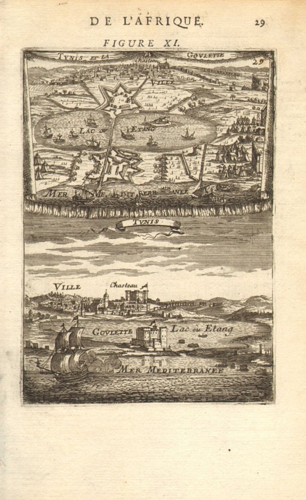 TUNISIA. View & map of 'Tunis et la Goulette'. Kasbah castle port. MALLET 1683 (1 of 1)
