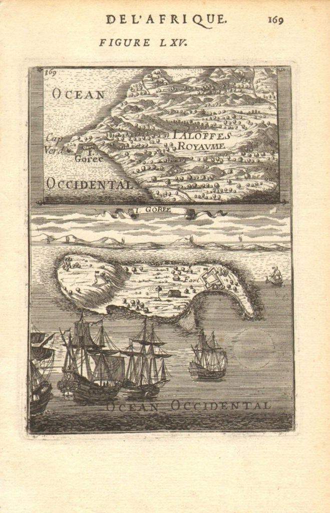 DAKAR. Île de Gorée & Fort; Cape Vert Verde. Senegal. Slavery. MALLET 1683 map: Title: DAKAR. Île de Gorée & Fort; Cape Vert Verde. Senegal. Slavery. MALLET 1683 map Description: I(sle) Goree' (De L'Afrique). The two maps show Cape Verde/ Cap Vert, now the site of the c