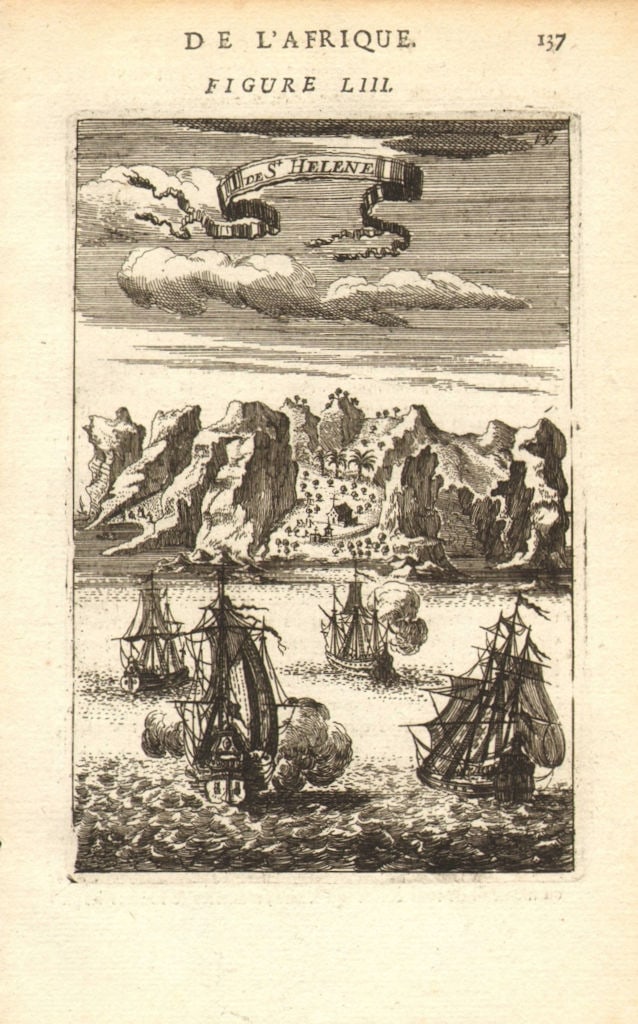 ST HELENA. Showing Jamestown & St James valley & Church. MALLET 1683 old print: Title: ST HELENA. Showing Jamestown & St James valley & Church. MALLET 1683 old print Description: I(sle) de St Helene' (De L'Afrique). The print shows the St James Valley and church on St Helena. A n