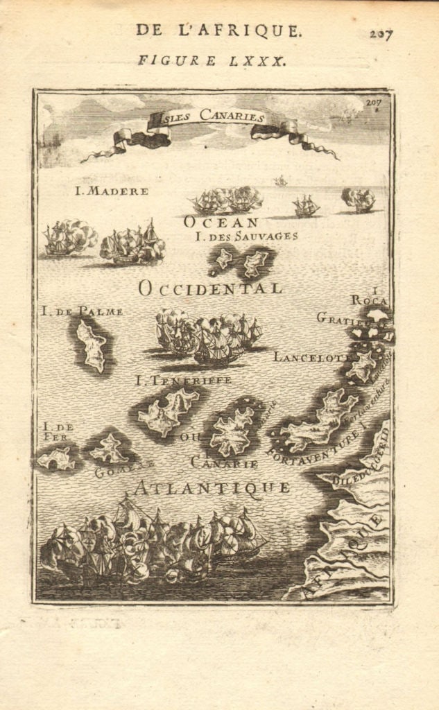 CANARY ISLANDS. Islas Canarias Tenerife Gran C Lanzarote. Spain. MALLET 1683 map: Title: CANARY ISLANDS. Islas Canarias Tenerife Gran C Lanzarote. Spain. MALLET 1683 map Description: Isles Canaries' (De L'Afrique). Shows the Canary islands, with Madeira on the horizon. Isle des Sau