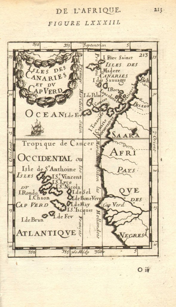 MACARONESIA. Canarias Canary Madeira & Cape/Cabo Verde islands. MALLET 1683 map: Title: MACARONESIA. Canarias Canary Madeira & Cape/Cabo Verde islands. MALLET 1683 map Description: Isles des Canaries et du Cap Verd' (De L'Afrique). Cape Verde and the coast of West Africa and the i