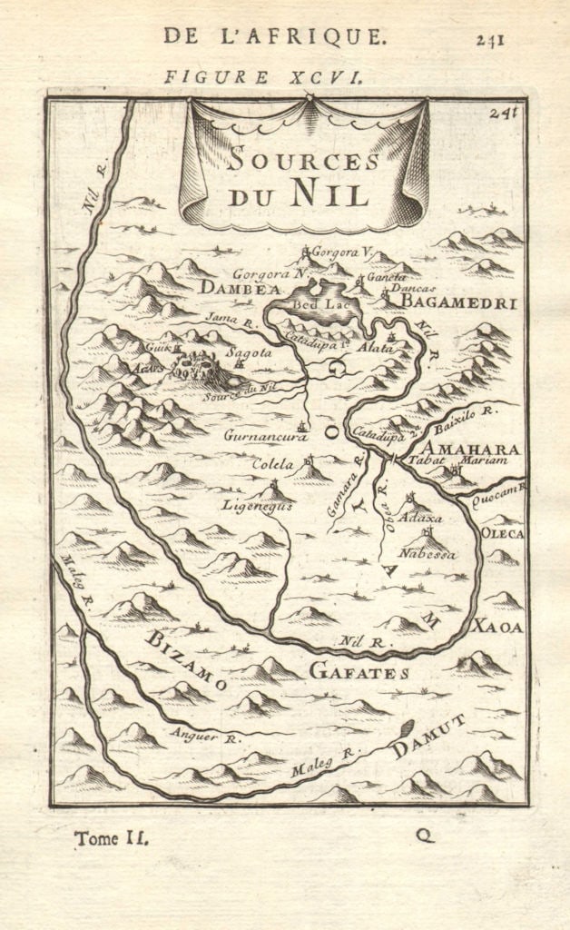 ABYSSINIA. Source of the Blue Nile, Ethiopia. Lake Tana. Nil. MALLET 1683 map: Title: ABYSSINIA. Source of the Blue Nile, Ethiopia. Lake Tana. Nil. MALLET 1683 map Description: Sources du Nil' (De L'Afrique). The map shows the route and source of the Blue Nile through what is no