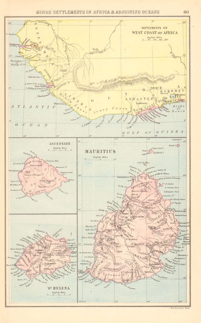BRITISH AFRICAN COLONIES. West Africa Ascension St. Helena Mauritius 1876 map (1 of 1)