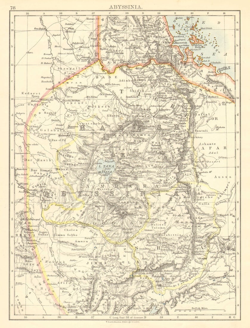 HABESH or ABYSSINIA. Tigre Amhara Shoa Godjam. Ethiopia. JOHNSTON 1899 old map: Title: HABESH or ABYSSINIA. Tigre Amhara Shoa Godjam. Ethiopia. JOHNSTON 1899 old map Description: Abyssinia'. W. & A.K. Johnston. Published 1899. Colour antique map. Size 27 x 21 cm | 10.5 x 8.5 inch