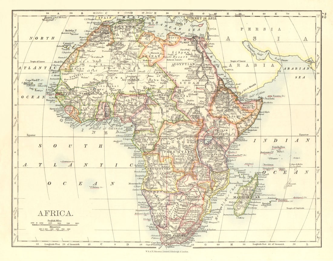 COLONIAL AFRICA. Cape Colony Rhodesia Portuguese East/West. JOHNSTON 1906 map: Title: COLONIAL AFRICA. Cape Colony Rhodesia Portuguese East/West. JOHNSTON 1906 map Description: Africa, political' by Johnston, W & AK. Published 1906. Colour antique map. Size 21 x 27 cm | 8.0 x 10