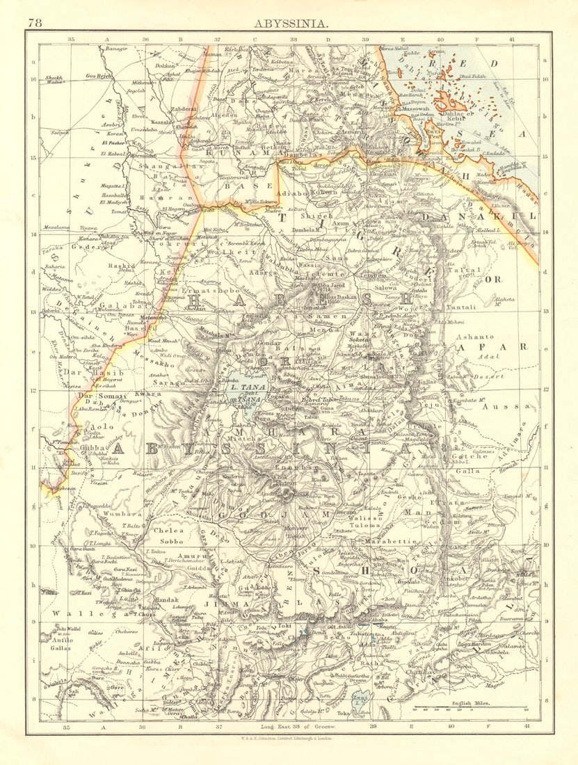 HABESH or ABYSSINIA. Tigre Amhara Shoa Godjam. Ethiopia. JOHNSTON 1906 map: Title: HABESH or ABYSSINIA. Tigre Amhara Shoa Godjam. Ethiopia. JOHNSTON 1906 map Description: Abyssinia' by Johnston, W & AK. Published 1906. Colour antique map. Size 21 x 27 cm | 8.0 x 10.5 inches.